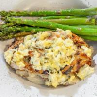 Silks Chicken · Grilled chicken, balsamic grilled asparagus, red bliss mash, and crab béarnaise sauce.