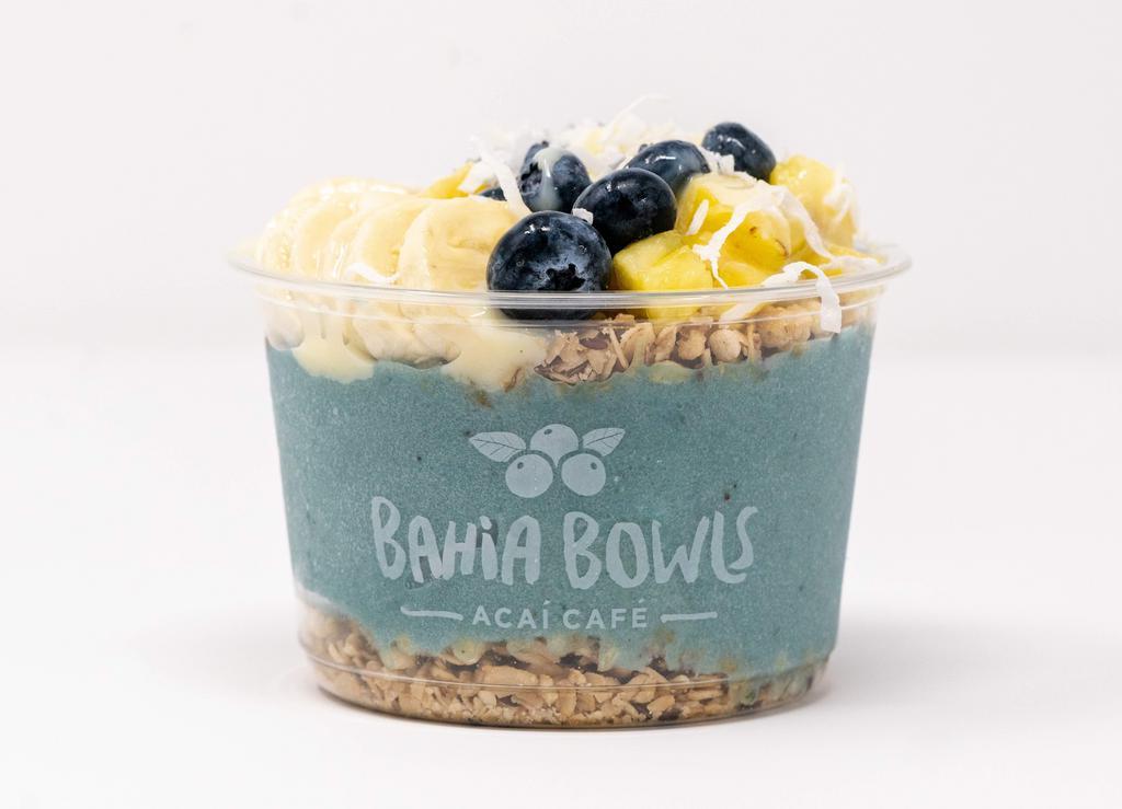 Tidal Wave Bowl · Limited Time Only! Spirulina Blend Topped with Banana, Pineapple, Blueberry, Coconut Shavings and Sweetened Condensed Milk