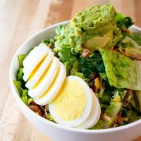 Sunshine Cobb Salad · Romaine Lettuce, Avocado Mash, Tomatoes, Cucumbers, Hard Boiled Egg, Chopped Bacon, Cheddar ...