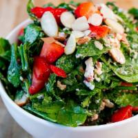 Spinach & Strawberry Salad · Baby Spinach, Strawberries, Red Onions, Almond Slices, Feta Cheese, Balsamic Vinaigrette