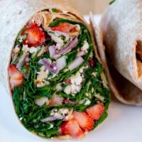 Spinach & Strawberry Wrap · Baby Spinach, Strawberries, Red Onions, Almond Slices, Feta Cheese, Balsamic Vinaigrette