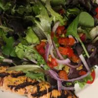 Salmon Salad · Gluten free. Fresh north Atlantic salmon seasoned with herbs and grilled. Served with choppe...