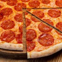 Pepperoni Pizza · Our pepperoni pizza is topped with cheese, marinara sauce, pepperoni, romano.