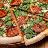 Mama Mia · Topped with spinach, pepperoni, bacon and gorgonzola cheese.