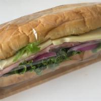 Ham And Swiss Hoagie · 9 Inch Ham and Swiss Cheese with Lettuce and Red onions on Soft Hoagie Roll. Dressing packet...