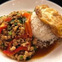Chop-Chop Ka Prow Basil · Hot. Gluten free. Choice of minced chicken or minced pork. Served over rice with a sunny sid...