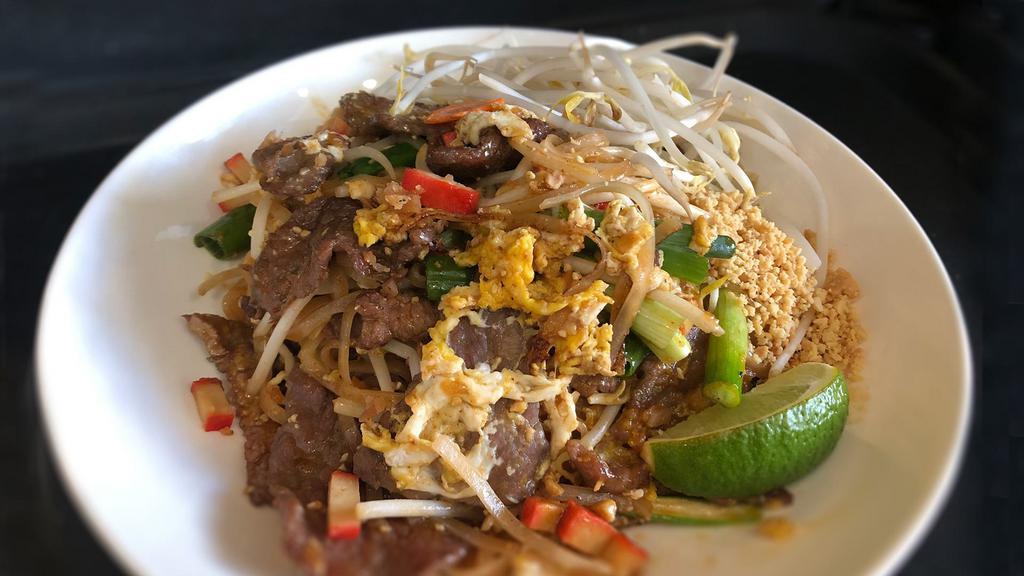 Pad Thai · Nuts, gluten free, vegetarian. Choice of meat, stir-fried thin rice noodles, egg, bean sprouts, scallion, peanut. Add chicken, shrimp, pork, veggie, tofu, beef for an additional charge.