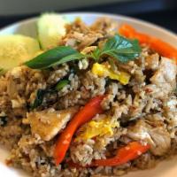 Basil Fried Rice · Hot, Gluten free, vegetarian. . Choice of meat, white rice, egg, chili pepper, bell pepper, ...