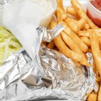 Greek Gyro · Strips of beef with tzatziki sauce, with onions, lettuce, and tomatoes on your choice of wra...