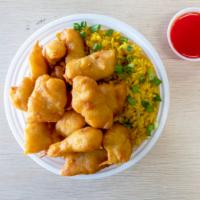 Sweet And Sour Chicken · Served with pork fried rice or white rice. Comes with soda or eggroll.