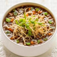 Veg Munchow Soup · Vegan. Soup prepared with assorted vegetables and scallions flavored with soy sauce, garlic ...
