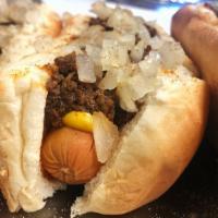 3 Hot Wieners · Hot wiener with mustard, onions, meat sauce and celery salt.