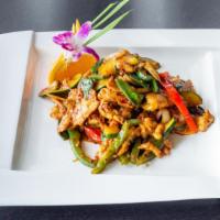 Basil Stir-Fry · Spicy. Thai basil leaves, peppers, onions, mushroom, zucchini, scallions
