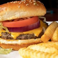 Cheeseburger · 8 oz. fresh beef patty, lettuce, tomato, mayo, onion, and your choice of cheese.