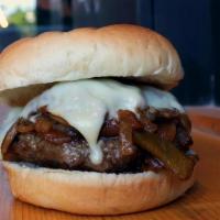 Burger Bomb · sauteed peppers, mushrooms, onions, american cheese