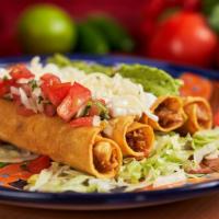 Flautas Appetizer  (4 Flautas) · Four rolled chicken taquitos, topped with sour cream, guacamole,pico de gallo and Chesse. (O...