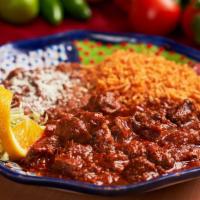 Chile Colorado Plate · Tender chunks of pork simmered in our rich red chili sauce.