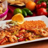 Camarones Rancheros · Shrimp sauteed with bell peppers, onions, mixed with our original ranchero sauce.