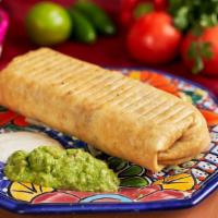 Chimichanga · Choice of meat, refried beans, rice and cheese, topped with sour cream and guacamole.