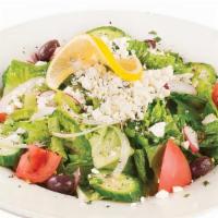 Greek Salad  · A mixture of romaine lettuce, tomatoes, cucumbers, olives and fetta cheese topped with our t...