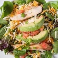 Grilled Chicken Salad · Spring mix, tomato, green onion, cilantro, low-fat cheese, cilantro lime vinaigrette