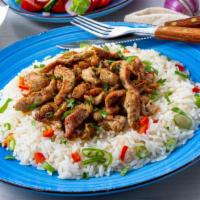 Chicken Gyro With Rice · Delicious juicy chicken gyro over rice, served with lettuce, tomatoes, green peppers, onions...