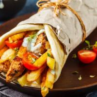 Fish Gyro On Pita · Fresh cooked fish on a pita, served with lettuce, tomatoes, green peppers, onions, olives an...
