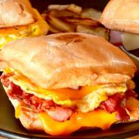 Ciabatta Breakfast Sandwich Or Burrito · Egg, cheese, sautéed potato and bacon, ham, chorizo or sausage.