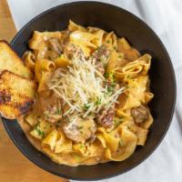 Beef Stroganoff · Braised sirloin, egg pappardelle, mushrooms, and cream.