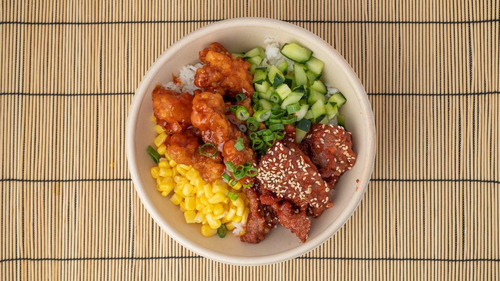 General Tso'S Chicken & Beef · Kyoto beef, General Tso's chicken, cucumber, corn, scallion, Hawaiian shoyu