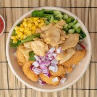 Fried Shrimp And Chicken · Fried Shrimp, teriyaki chicken, sweet onion, mixed greens, corn, cucumber, ginger dressing
