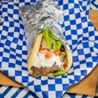 Pita Gyro · Simply tasty juice beef and lamb gyro meat, lettuce, tomato, onions and tzatziki sauce.