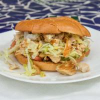 Chicken Torta · Telera roll filled with shredded chicken pre-mixed with tomato, onion, bell pepper, lettuce,...