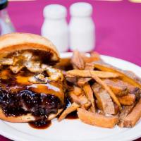 Kentucky Bourbon Burger · Swiss cheese, mushrooms, onion, Kentucky bourbon BBQ, mayo, and onion. Served with hand cut ...