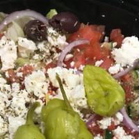 Greek Salad · Vegetarian. Mixed Greens, Peppercini, Kalamata Olives,Tomaotes, Cucumbers, Red onions, Feta ...