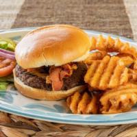 Bacon Cheese Burger · 5.3 oz 100% Ground angus beef on top a Brioche Bun topped with American cheese, bacon, lettu...