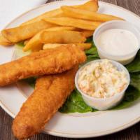 Deep-Fried Fish & Chips · Four pieces of deep fried white fish served with steak fries and a side of tartar sauce.
