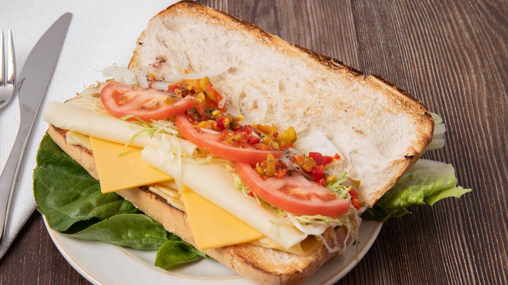 Three Cheese Sub (Italian Style) · Served on your choice of sub Italian style. Lettuce, tomatoes, onions, hot peppers, and Italian dressing.