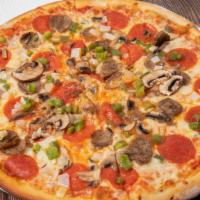 Supremo Pizza (Medium) · Topped with Italian sausage, pepperoni, green peppers, mushrooms, onions, mozzarella cheese,...