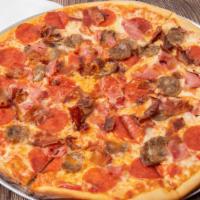 Carnivoro Pizza (Medium) · Topped with Italian sausage, pepperoni, danish ham, bacon, mozzarella cheese, and marinara s...