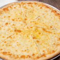 Formaggio Pizza (Large) · Topped with mozzarella, provolone, Parmesan, ricotta cheese, oregano, and white garlic sauce.