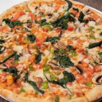 Verdura Pizza (Medium) · Topped with tomatoes, green peppers, mushrooms, onions, spinach, mozzarella cheese, and mari...