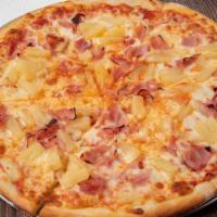 Hawaiian Pizza (Large) · Topped with danish ham, pineapple, bacon, mozzarella, and marinara sauce.