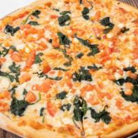 Garlic Spinaci Pizza (Medium) · Topped with tomatoes, garlic, feta cheese, spinach, mozzarella cheese, and marinara sauce.