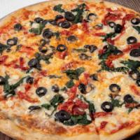 Mediterranean Pizza (Large) · Topped with sun-dried tomatoes, feta cheese, spinach, black olives, mozzarella cheese, and m...
