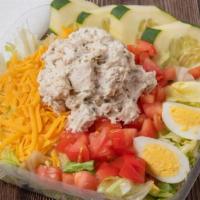 Chicken Salad Platter · A large scoop of chicken salad, greens with tomatoes, cheese, cucumbers, and hard boiled eggs.