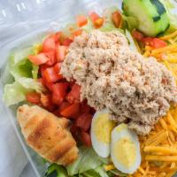 Tuna Salad Platter · A large scoop of tuna salad, greens with tomatoes, cheese, cucumbers, and hard boiled eggs.