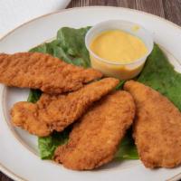 Chicken Tenders (4) · Four pieces of crispy chicken tenders served with honey mustard sauce.