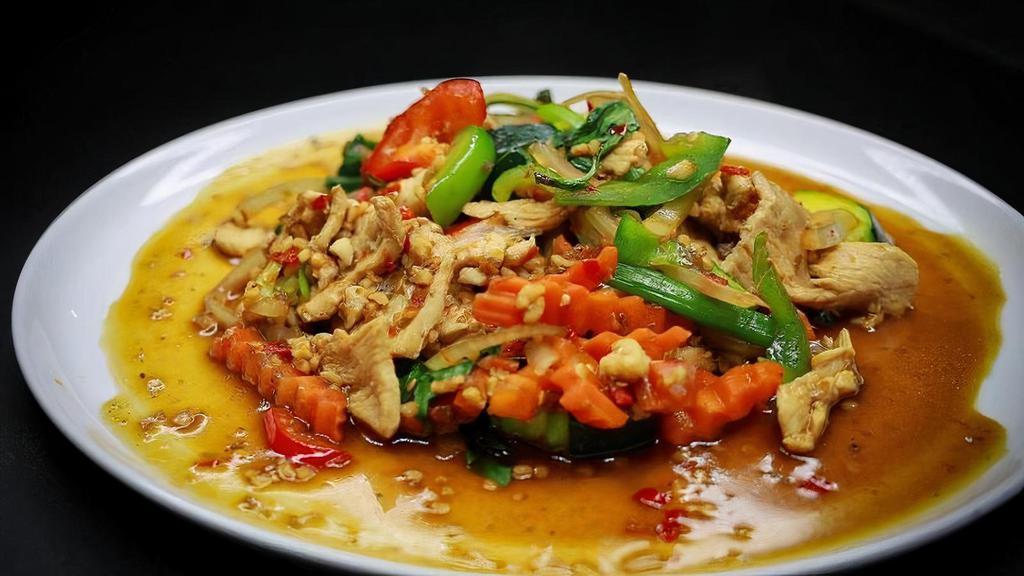 Thai Basil · ZUCCHINI, CARROT, BELL PEPPERS, WHITE ONIONS, GREEN ONIONS AND BASIL STIR-FRIED WITH OUR HOUSE GARLIC SAUCE.. CAN BE V|VEG|GF