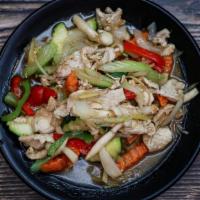Ginger · Celery,Zucchini, carrot, mushroom,white onions green onions and bell peppers stir fried in o...